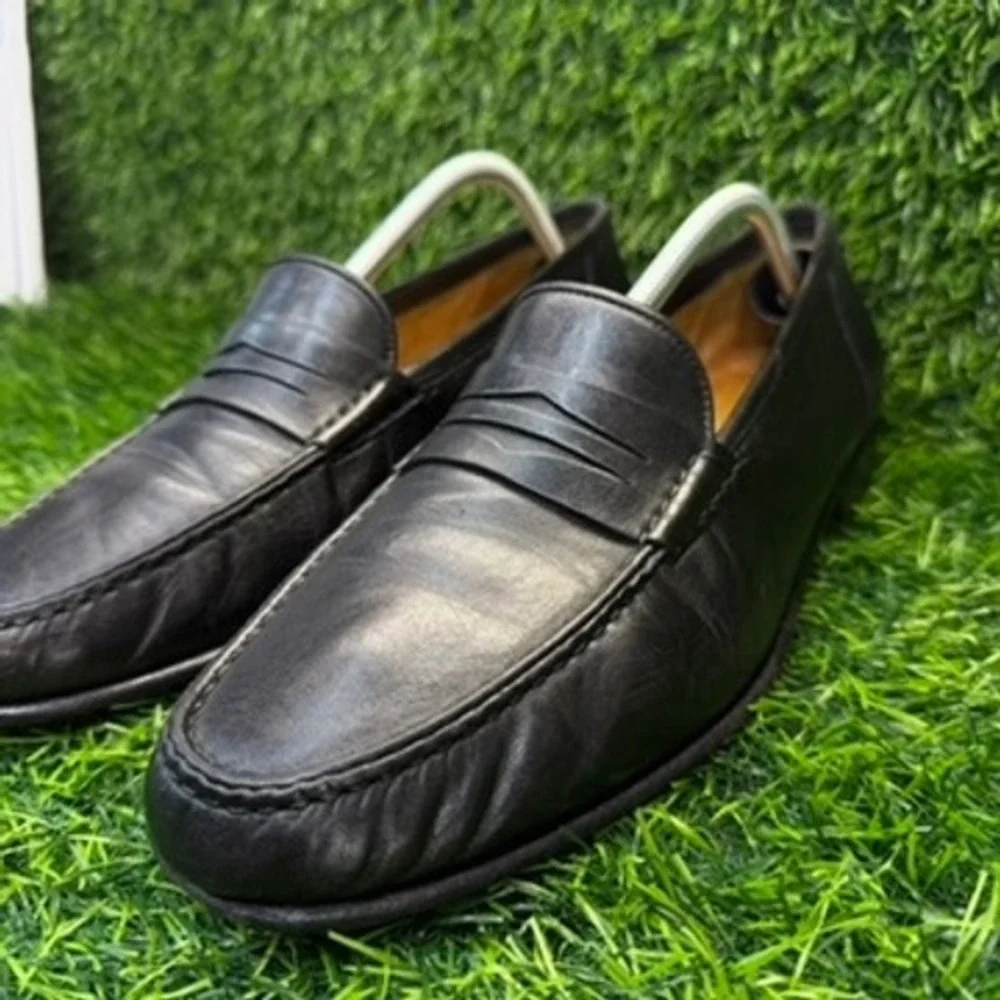 Santoni Penny Loafers Mens Black Leather Slip On 12 B Made in Italy Dress Shoes